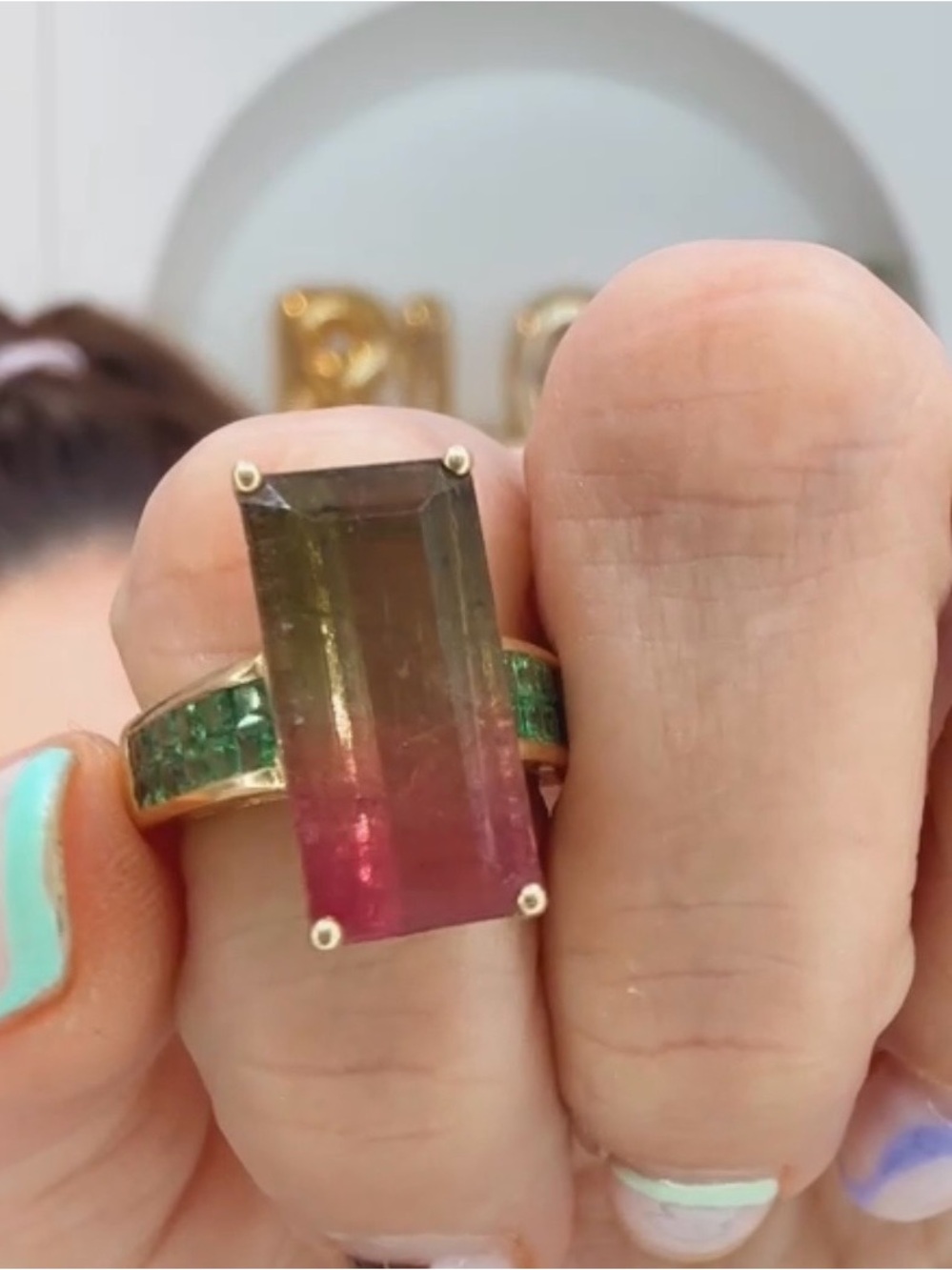 14k Gold Ring with Watermelon Tourmaline and Emerald side stones - ALL NATURAL